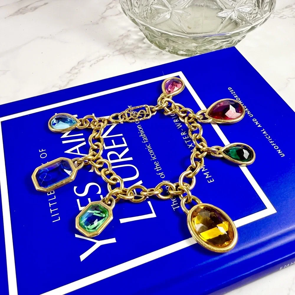 Yves Saint Laurent Ultra Rare Gold Plated Multicolored Jewel Charm Bracelet - Picture 3 of 12